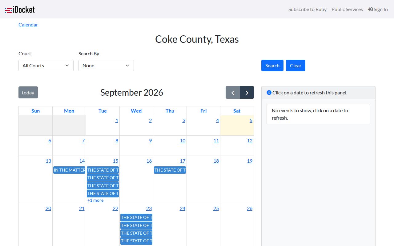 Coke County court dates iDocket calendar controls